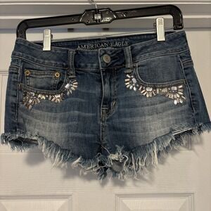 American Eagle Micro Mini Booty Shorts Stretch Rhinestone Distressed Women's 0
